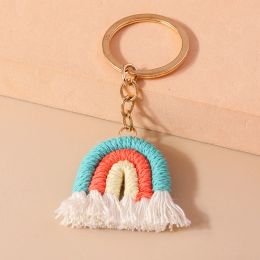 Cute Handmade knitted Rainbow Tassels Keychain for Women Girl Bohemian Flower Keyring Pendants Handbag Decor DIY key Chain Gifts