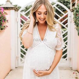 Maternity Dresses women maternity dress lace photography props gown shoot baby shower pregnancy dress short sleeve V Neck lace flower floral dress 240413