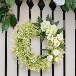 Decorative Flowers Artificial Spring Wreath White Rose For Front Door Garden Farmhouse Outdoor Wedding Party Decorations