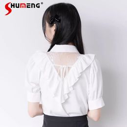 Japanese Kawaii Lady Beaded Collar Ruffled Blouses 2023 Summer New Sweet Back Lace Hollow-out Puff Short Sleeve Shirts for Women