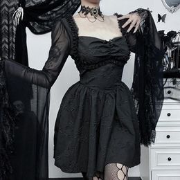 Casual Dresses Goth Black Lace Flared Long Sleeve Party Y2K Gothic Elegant Vintage A-Line Short Dress Halloween Carnival Costumes