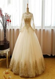 Vestido de Novia Ball Gown Quinceanera Dresses Gold Lace Prom Dresses Sexy Sheer Neck Long Sleeves Prom Dresses6574478