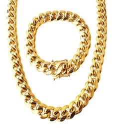 JCH Stainless Steel Jewellery Set 24K Gold Plated High Quality Cuban Link Necklace Bracelet Mens Curb Chain 14cm 85quot22quo4486243