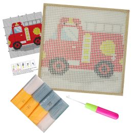 DIY Rug 3D Latch Hook Kits for Kids with Pre-printed Fire fighting truck Canvas Sewing Set for boys Beginners Latch Hook kits