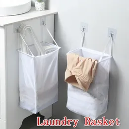 Laundry Bags Home Foldable Multifunctional Wall Hanging Basket Washing Clothes Organizer Mesh Storage Punch Free Adhesive Hook