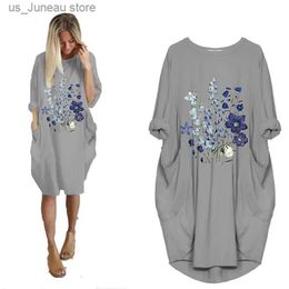 Vestidos casuais básicos 2021 Autumn Midi Dress Flor Flor Flor Print O pescoço Long SLVE casual solto de tamanho grande vestidos com bolsos vestidos Mujer T240412