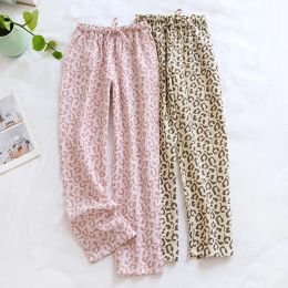 Pants 2023 Spring and Summer New Ladies Pants 100% Cotton Crepe Leopard Print Pamas Sweatabsorbent Breathable Home Pants Trousers