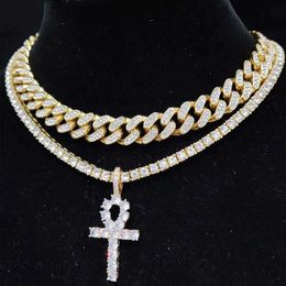 Pendant Necklaces Men Women Hip Hop Ankh Cross Necklace with 4mm Zircon Tennis Chain Hiphop Iced Out Bling Cuban Fashion Jewellery 230613