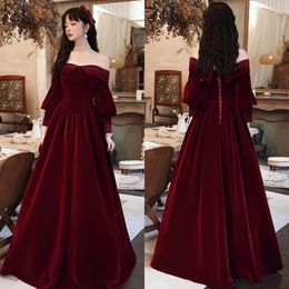 Evening Dresses Burgundy Velvet Beading Off the Shoulder Full Sleeves Plus size A-line Floor-length Woman Formal Party Dress