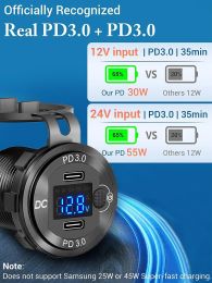 Upgrade USB C Car Charger Socket Fast Charge Dual 55W PD3.0 Power Outlet with LED Voltmeter for 12-24V Car Marine RV Motorcycle