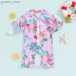 One-Pieces 0-18M Baby Girls Rash Guard Swimsuit Rompers Half Sleeve Floral Print Ruffles Zipper Infant Bathing Suit Swimwear Y240412