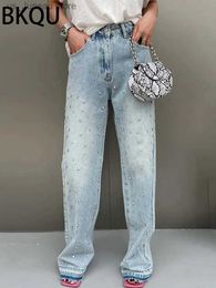 Jeans femminile bkquy jeans larghi dritti da donna in vita alta gamba larga pantaloni lunghi pantaloni lunghi 2023 diamanti strtwear