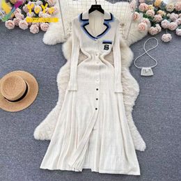 Casual Dresses Formal Lapel Pocket Embroidered Knit Long Sleeved Single Breasted A-line Dress 2024 Elegant Slim Bodycon Office Sweater