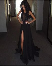 Nigeria Black A Line Prom Dresses 2019 Sexy Side Slit Sheer Lace Bust Sleeveless Sweep Long Evening Party Gowns Chiffon Skirt3421350