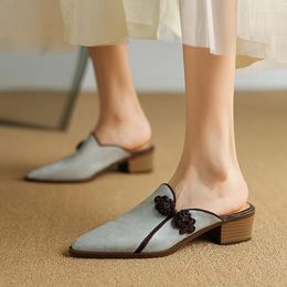 Slippers Summer Women Mules Split Leather Shoes For Cover Toe Chunky Heel Concise Pointed Chinese Ethnic Style Sandals