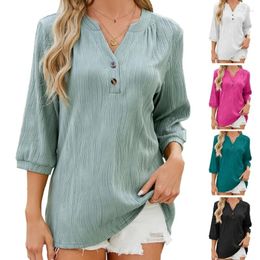 Women's T Shirts Womens 3/4 Puff Sleeve Button Up V Neck Pleated Back Shirt Textured Solid Color Casual Loose Blouses Pullover Top