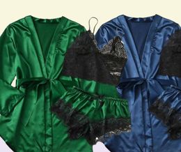 Women039s Sleepwear Silk Pajamas Set Women Satin Short Robes Lingerie Sets Sexy Kimono Bathrobes Loungewear Home Suit Lady Dres6673571