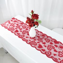 Red Heart Lace Table Runner Placemat for Home Bridal Wedding Party Valentines Day Table Decorations Table Cover Tablecloth