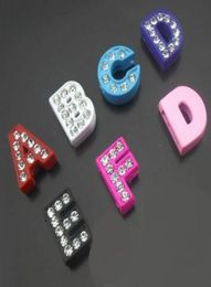 130pcslot 8mm AZ Enamel rhinestones slide letters DIY alloy charms fit for 8MM keychains wristband Jewellery Findings1172461