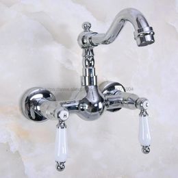 Bathroom Sink Faucets Polished Chrome Wall Mounted Swivel Spout Faucet Double Handle Mixer Tap Nnf959