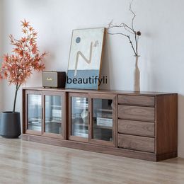 Black Walnut Floor Storage Cabinet Solid Wood Assembled Cabinet Book Dustproof Glass Low Cabinet Glass Sideboard Cabinet