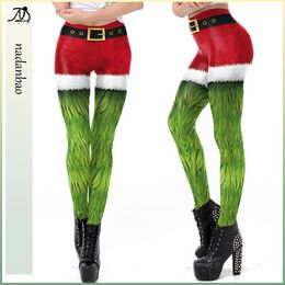 Nadanbao Christmas Belt Leggings Autumn Winter Festival Santa Claus Print Skinny Pants High Waist Trousers For Women