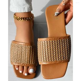 Slippers Women Summer Wide Strap Braided Square Toe Flats Flip Flops Walking Shoes Beach Sandals Mujer Zapatos Slides