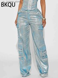 Women's Jeans BKQU American Straight Pockets High Waist Jeans Women Cargo Pants 2023 Fashion Silver Shiny Print Loose Wide Leg Denim Trousers T240412