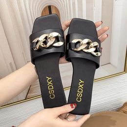 Slippers Fashion Women's Square Toe Chain Flat Slide Sandals Beach Flip Flops Metal Decoration Casual Shoes