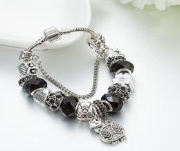 Strands Charm 925 silver bracelet black beads, owls and Diy flowers for women's charms6857182