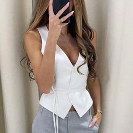 Women's Vests Women Short Waistcoat Sexy V Neck Sleeveless Pockets Blazer Vest Jacket Office Lady Single Breasted Casual Slim