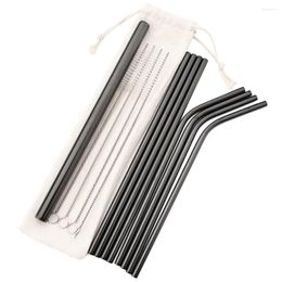 Drinking Straws Metal Straw Black Reusable 304 Stainless Steel Set Straight Bent With Case Cleaning Brush Tea Bar Accessory