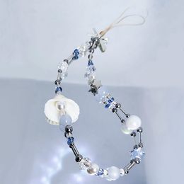 Natural Seashells Mobile Phone Charm Strap Chain Lanyard Women Cute Shell Blue Glass Pearl Glass Beads Girls Y2K Pendant Jewellery