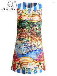 Casual Dresses SEQINYY Vest Jacquard Dress High Street Vintage Flower Print Runway Sicily Sleeveless Slim Elegant Female Fashion