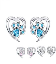 Blue Crystal Pet Paw Stud Earrings for Girl Heart Shape CZ Footprint Ear Studs Jewellery Women Design Bijoux SCE65432155086300447