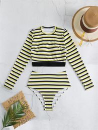 Women's Swimwear Two Piece Bikini Swimsuit Women 2024 Striped Bikinis Set High Waist Summer Long Sleeve Beach Bathing Suit Female