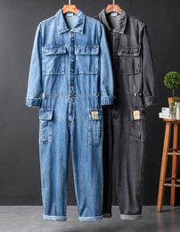 Men039s Jeans Loose Pockets Cargo Denim Long Sleeve Jumpsuits Hip Hop Overalls Blue Black9621685