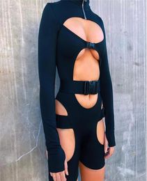 Women Bodycon Buckle Cut Out Biker Rompers Sexy Long Sleeves Hollow Out Clubwear Bodysuit One Piece Short Jumpsuit Pants7345674