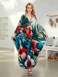 Basic Casual Dresses Retro Flowers Print Kaftan Long Dress For Women 2024 Summer Batwing Slve House Robe Causal Loose Maxi Dresses Q1636 T240412