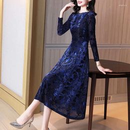 Casual Dresses Blue Dress With Waistband Women's Velvet Printed Autumn/winter 2024 Style Slim And Large Swing