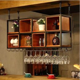 Hanging Wine Rack Display Design Metal Modern Lattice Square Holder Vintage Upside Down Bar Cabinet Wooden Kabinet Bar Furniture