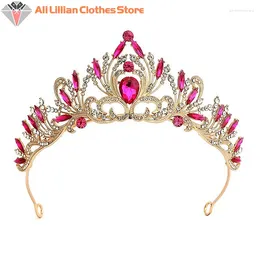 Hair Clips Elegant Korean Girls Pink Red Crystal Tiara Crown For Women Party Wedding Princess Rhinestone Bridal Jewellery