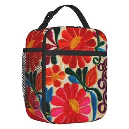 Mexican Flowers 3D Print Embroidery Pattern Insulated Lunch Bag for Women Resuable Textile Floral Folk Thermal Cooler Lunch Box