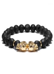 Charm Bracelets 8mm Natural Lava Stone Bracelet Retro Black Beads Fashion Men Skull Braclet Simple Design Punk Jewellery Brazalet Ho7540023