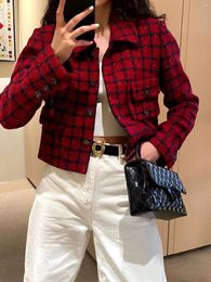 Women's Jackets 2024 Autumn/Winter Jacket CC Customized Size Red Plaid Versatile Retro High Grade Tweed Half Dress