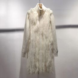 Women Winter Plus Size Real Fox Fur Coat Long Casual Large Knitted Cardigan Jacket With Genuine Fox Fur Warm Female Outwear