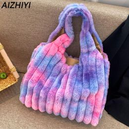 Women Tie Dye Tote Handbag Soft Plush Top Handle Bag Lightweight Furry Shoulder Bag Large Design Totes Female Fluffy Shopper Bag