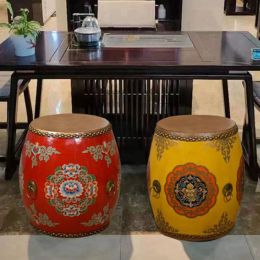 Chinese Drum Stool Solid Wood Painted Shoe Stool Hotel Bed Tail Round Guzheng Stool Home Furniture Eco-Friendly