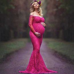 Maternity Dresses Women Ruched Floral Lace Maternity Photography Prop Long Sleeve Maxi Dress Fancy Wedding Pregnancy Gown Baby Shower Photoshoot 240412