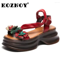 Dress Shoes Koznoy 6cm Women Sandals Ethnic Appliques Flower Fashion Moccasins Cow Genuine Leather Summer Hook Platform Wedge Ladies